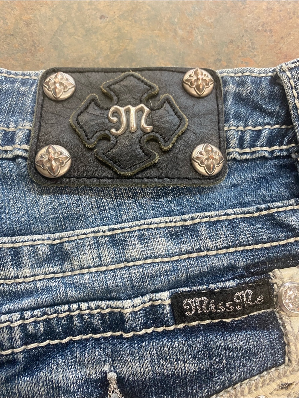 Miss Me Blue Denim Shorts with Ivory Embroidery - Picture 10 of 11
